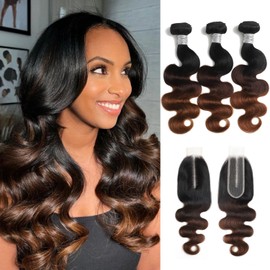 AUROO Chestnut Brown Ombre Bundles with 2x6 Closure Human Hair Body Wave 18 20 22+16, 12A Long Deep Part Kim K 2x6 Hd Lace Closure with Bundles #T1B/2/30 3 Tone Medium Brown 3 Bundle with Closure Wavy