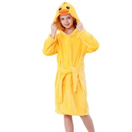 MICHLEY Unisex Boys Girls Hooded Bathrobe Soft Fuzzy Toddler Cartoon Robe Animal Plush Sleepwear for Kids 4-5 Years,Duck