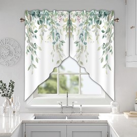 AYTTBIS Sage Green Eucalyptus Swag Curtain Valance for Windows,Watercolor Leaves Window Treatments Short Swag Topper for Kitchen Windows Bathroom Bedroom,28 x 36 Inch