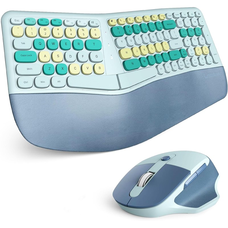 Wireless Ergonomic Keyboard and Mouse Combo with PU Wrist Rest,