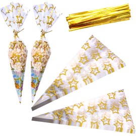Acooruiteng 50 Pcs Sweet Cone Bags and Ties 17 x 30 cm Sweet Cones Bags with Ties Cellophane Sweet Bags Clear Sweet Bags Cone Bags Party Cones Bags for Candy Cookie Baking Displaying and Wrapping