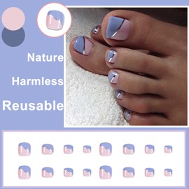 Pack of 24 French False Toenails, Short Artificial Toenails, Full Cover Press on Toenails, Purple Acrylic Toenails, Nail Tips Kit with Designs for Women, Girls, Summer Nail Decoration
