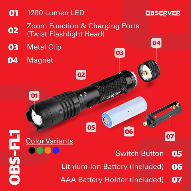 Observer Tools LED Rechargeable Flashlight, 1200 Lumens Tactical Flashlight, high