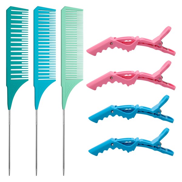 3 PCS Highlighting Combs with 4PCS Alligator Clips, Catcan Professional Styling Weaving Rat Tail Combs Set for Barbershop Home Hair Salon