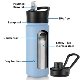 16 oz Insulated Water Bottle with Straw Lids, Stainless Steel Kids Water Bottles for School, Double Wall Vacuum Metal Water Bottle with Straw & Wide Mouth Lid, Seafoam 1 Pack