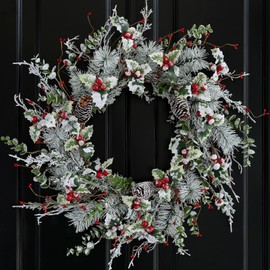 Hometrance Winter Christmas Wreaths for Front Door 20 Inches, Faux Xmas White Red Wreath for Window Outdoor Outside, Artificial Farmhouse Holiday Modern Wreath for Indoor Porch Decor