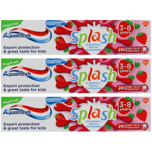 Aquafresh Kids Toothpaste Bundle x3 Splash Strawbery Flavour 3-8 Years, 50ml Each