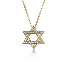 Alef Bet by Paula Star of David Necklace, 14K Gold Plated Sterling Silver, White CZ, 16-18 Inch Chain (Yellow- Clear)