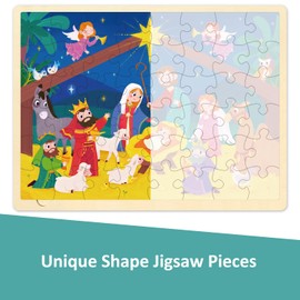 Nativity Scene Kids 48 Piece Puzzles for Ages 3-5 by MoinKidz, Christmas Puzzle for Kids 4 Year Old, Each Piece is Unique, Wooden Jigsaw Puzzle for Toddlers Ages 4-8 with Puzzle Tray