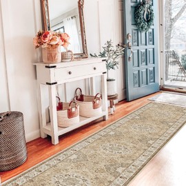 Hallway Washable Runner Rug - 2x10 Kitchen Rugs Entryway Rug Runner Vintage Soft Floor Mat Non Slip Indoor Farmhouse Carpet for Bathroom Living Room Bedroom (2 X 10, Beige)