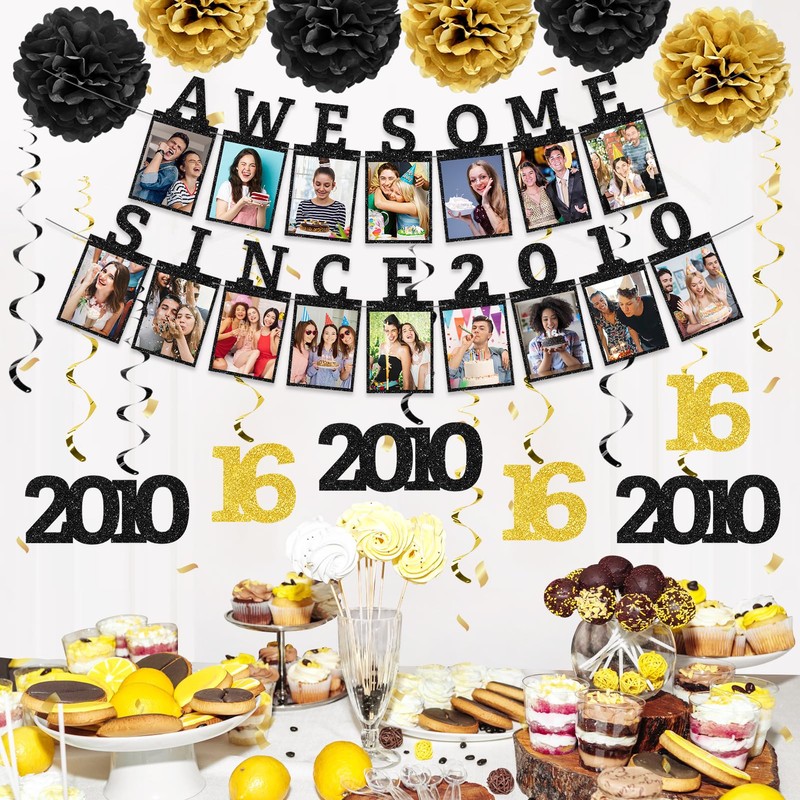 Awesome Since 2010 Photo Banner, Black Gold Sweet 16 Party