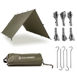 AquaQuest Defender Tarp – Heavy‑Duty Waterproof (20,000 mm) Seam‑Taped Rain Fly for Camping, Bushcraft & Survival – 10×7 Olive Drab Kit