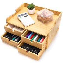 Eorbow Bamboo Desk Organizer with Drawers, Small 3 Tier Desktop Drawers for Countertop, Mini Tabletop Storage Containers with Anti-scratch Pads for Home Office Supplies Makeup, No Assembly Required