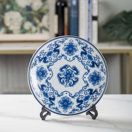 jdzjybqx Decorative Plates Blue and White Porcelain Plates of 26cm Oriental Floral Pattern Ceramic Craft for Ornaments Giving Plates, 1 Plate with 1 Display Stand