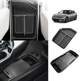 BestEvMod Armrest Organizer&Lower Center Console Compatible with 2025 2022-2024 Kia EV6 Accessories Slide Cover Organizer Adjustable Cup Holder 2PCS with PVC Trim (Console+Slide Cover Lower)