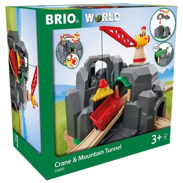 BRIO World - 33889 Crane & Mountain Tunnel | 7 Piece Toy Train Accessory for Kids Ages 3 and Up,Multi