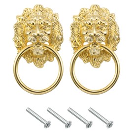 sourcing map 2 Pcs Lion Head Pulls Knob, 3.54" x 2" Zinc Alloy Vintage Lion Door Handle Decorative Front Door Knob Ring Pull Handle for Gate Cabinets Drawers, Gold