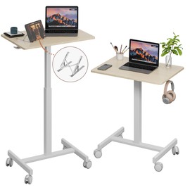 Mobile Small Standing Desk, Gas Spring Adjustable Height Rolling Portable Laptop Desk with Lockable Wheels, Computer Workstation, Rolling Podium (Maple Top + White Frame, 18 * 26)