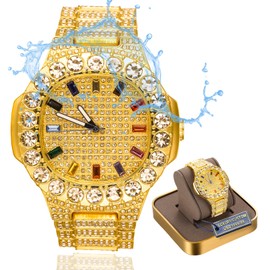 Halukakah Moissanite Diamond Gold Watch for Men - 18 Carat Real Gold/Platinum White Gold Plated, Extra Large, Diamond-Set Dial with Multicoloured Gemstones, Iced Out, 24 cm Bracelet, with Gift Box,