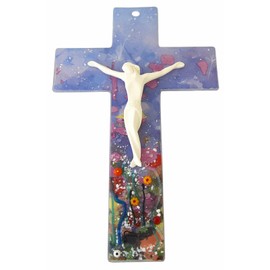 KVN Glass Cross with Ceramic Body (10 cm) with Murano Glass Flowers Approx 21 x 13.5 cm