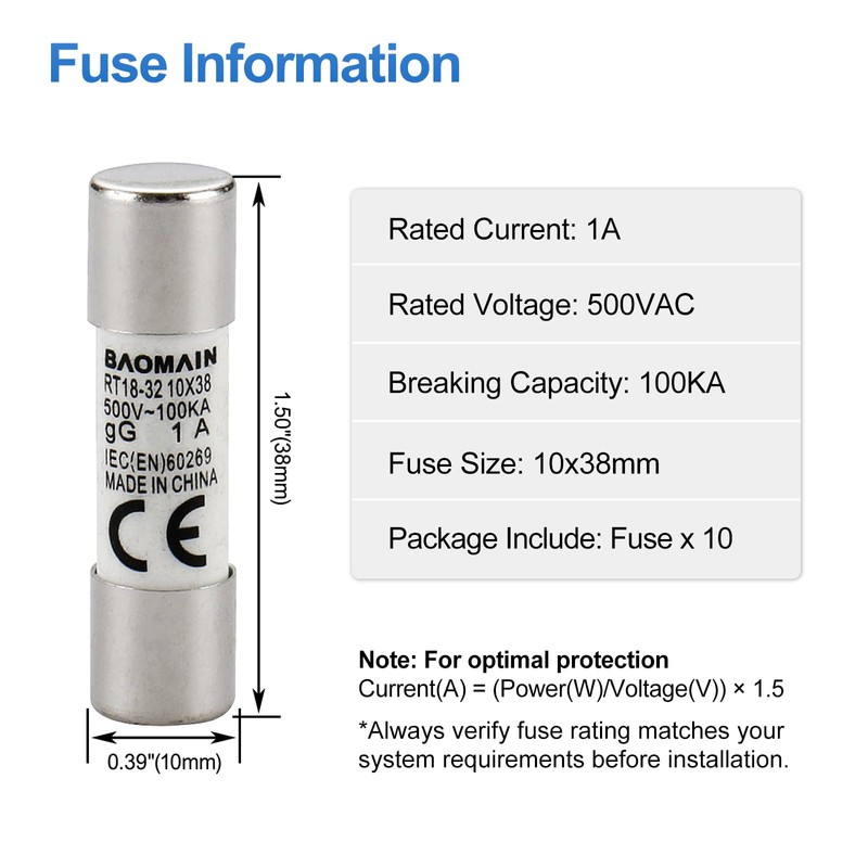Baomain RT18-32 Fuse Holder Base with 10x1A Ceramic Fuses (10x38mm)