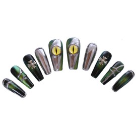 PN-021 Press-On Nails Lacquered Pack of 10 Reusable Artificial Premium Nails Reptiles Eye Metallic Silver Green