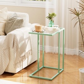 C Shaped Table,Glass Side End Table for Sofa,Tempered Glass Snack Couch Dinner Tv Tray Table with Metal Frame,Small Bedside Nightstand Table for Small Space(Green)