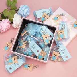 Yunmoxiao 10 Sets Bear Baby Shower Favors Bear Party Favors, Cute Keychain with Organza Bags Thank You Kraft Tags for Guests Theme Party Favor Birthday Party Supplies(Blue, Cute)