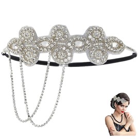 CABODYALS 1Pc Silver Flapper Headband 1920s Crystal Great Gatsby Headpiece Rhinestone Pearl Flower Tassel Chain Vintage Hair Accessories for Women Evening Dresses Bridal Wedding Party Accessories