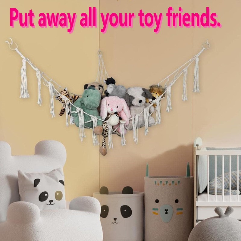 Hanging Toy Storage Net, Cotton Rope Hammock with Wooden Rings,