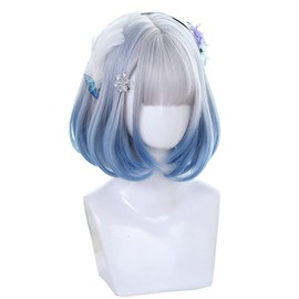 Short Bob Wig, Full Wig, Stylish, Cute, One Curl Wig, Popular, Small Facial Effect, Feminine Bob, Women's, Fiber Natural Wig (Silver & Blue)
