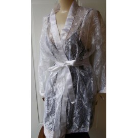 EMPIRE INTIMATES  Womens Wrap Lace 3/4 Robe WHITE ONE Size satin belt tie front Long Sleeve