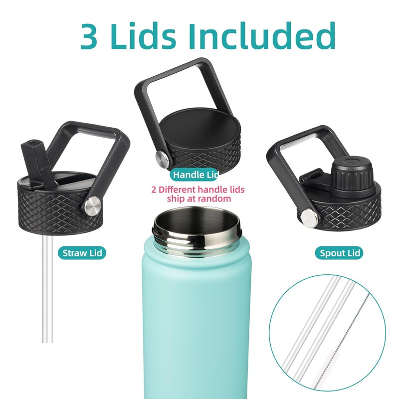 Konokyo 22oz Stainless Steel Bottles with 3 Lids Sport Insulated