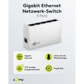 goobay 64563 Gigabit Ethernet Network Switch 5 Port / LAN Switch with Max. 1000 Mbps / Fanless Design / Ethernet Switch with Plug & Play / Optimised Data Distribution / White