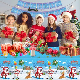 PERFQU 3 Pcs Merry Christmas Tablecloth - Xmas Cool Santa Claus Plastic Table Cloth Disposable Rectangular Blue White Table Covers for Christmas Tables Decorations Party Supplies Decor, 108 x 54 Inch