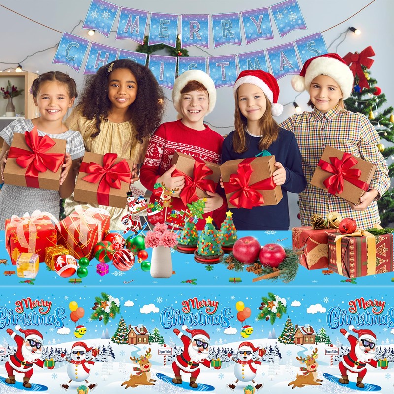 PERFQU 3 Pcs Merry Christmas Tablecloth - Xmas Cool Santa