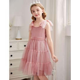 Arshiner Girls Dresses Summer Sleeveless Bow-Tie Straps Formal Fancy Party Birthday Tulle Dress Pink Kids 7-8 Years