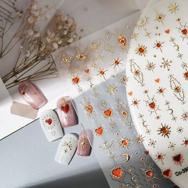 5D Embossed Gold Nail Art Stickers Gold Star Moon Nail Stickers for Acrylic Nails Self Adhesive Red Heart Nail Decals for Nail Art Designs Nail Supplies for Women Nail Decorations Accessories