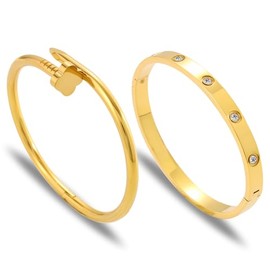 A 2PCS Gold Bracelets for Women Friendship & Love Theme Crystal Bangle Set Stainless Steel Non Tarnish Jewelry, Ideal Birthday Gift. (Gold-4)