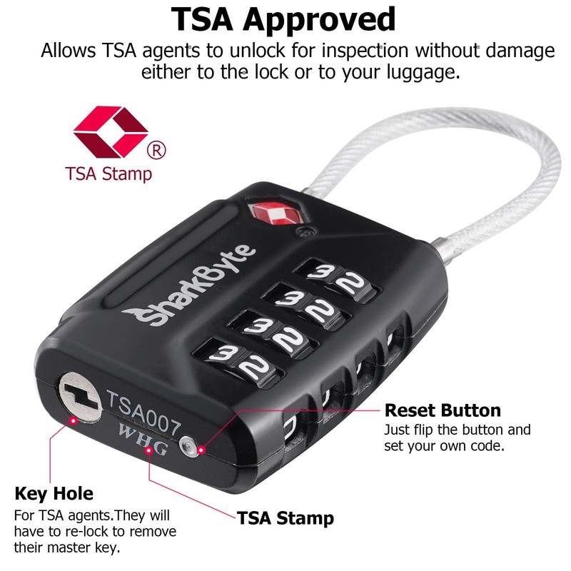 SharkByte TSA Suitcase Locks - 4 Digit Security Travel Combination