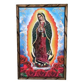 miSantuario Virgen De Guadalupe Imagen Con Flores Cuadro Rustico De Madera 36"x24" Nuevo
