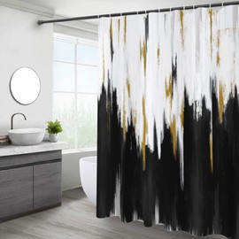 Caheansi Black and White Shower Curtain, Black White Gold Brush Strokes Graffiti Oil Painting Modern Art Abstract Bathroom Curtain Waterproof Fabric Machine Washable with Hooks, 72" Wx72 L