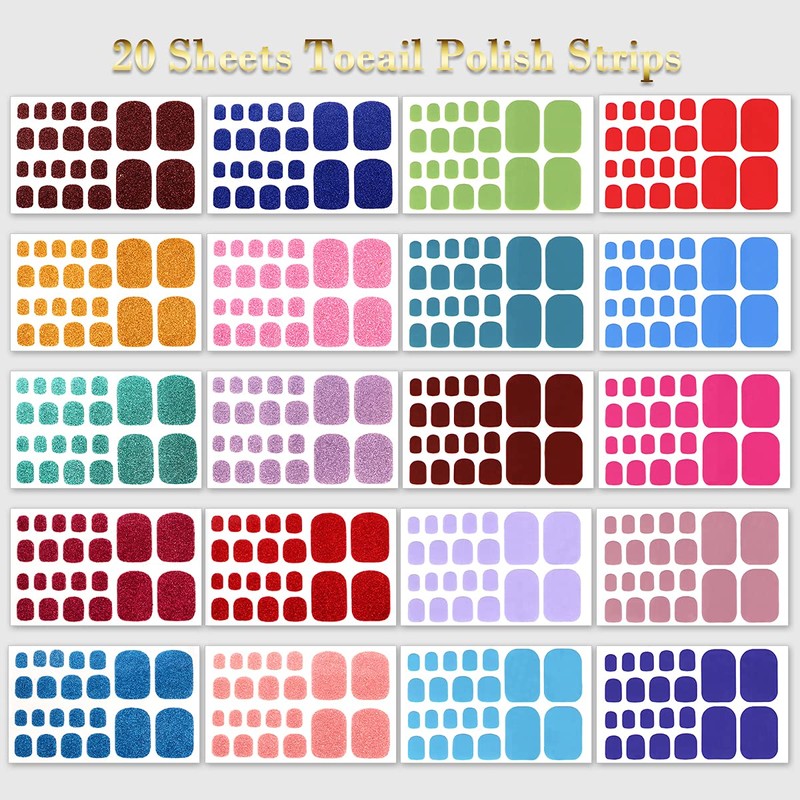 SILPECWEE 20 Sheets Toe Nail Polish Strips Glitter Solid Color
