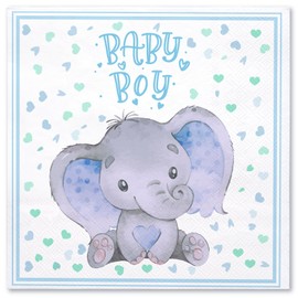 WRAPAHOLIC 50Pcs Boys Baby Shower Napkins - 3 Ply Adorable Blue Elephant Baby Boy Disposable Paper Luncheon Napkin for Baby Shower Tableware Party Supplies - 6.5 x 6.5 In