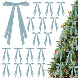 24 Pcs Christmas Bows for Tree, Light Blue Velvet Ribbon Bow for Christmas Tree, Pre-Tied Vintage Xmas Bows for Xmas Trees Wreaths Gifts Wedding Indoor Outdoor Decorations, 5 x 7 Inch