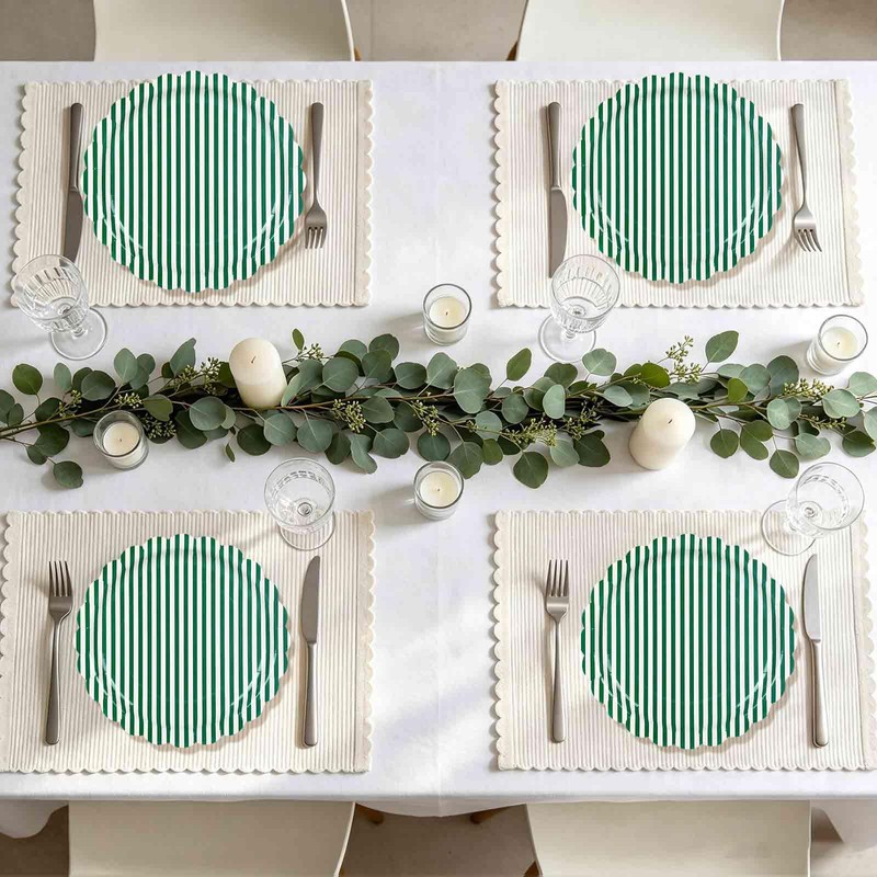 30Pcs Green Striped Paper Plates, Scalloped, Minimalist, 9 In