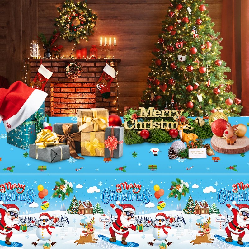 PERFQU 3 Pcs Merry Christmas Tablecloth - Xmas Cool Santa