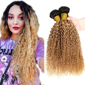 1B27 Honey Blonde Bundles Human Hair Ombre Kinky Curly 3 Bundles 24 26 28 Inch Brazilian Remy Hair Grade 8A Tow Tone Human Hair Weaves 3 Bundles For Black Women