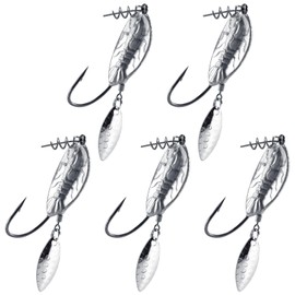 Alwonder 5-Pack Weighted Swimbait Hooks with Underspin, Pin Spring Fishing Hook with Willow Spinner Blades Silver, 3/16oz Bass Hooks Swivels Spinnerbait Weedless Hook for Soft Fishing Lures