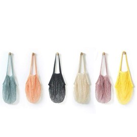 4 Pack Portable Reusable Grocery Bags Fruit and Vegetable Bag Washable Cotton Mesh String Organic Organizer Shopping Handbag Long Handle Net Tote (grey blue,Black,Beige,Pink)
